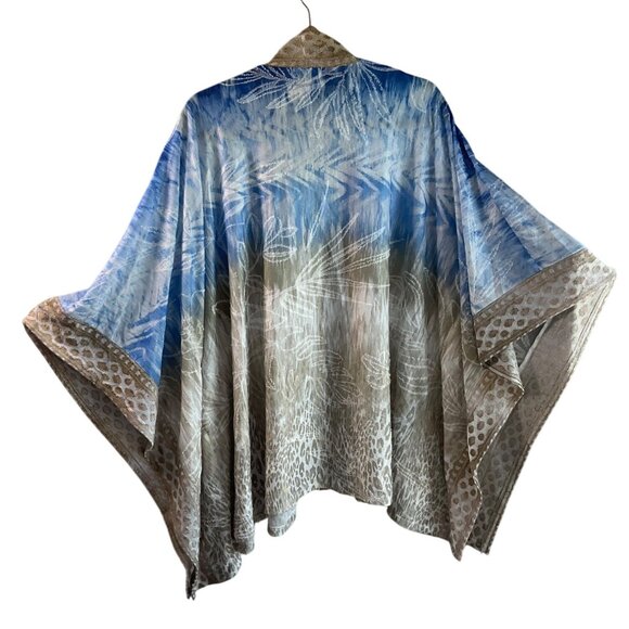 Adore Large Kimono Poncho Shawl Blue Beige Coastal Burn Out Velvet Boho - Picture 2 of 12